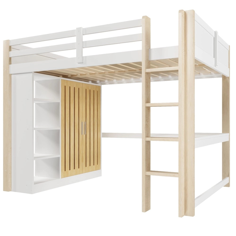 Letto a Soppalco con LED, Armadio e Scrivania ¨C MINIMAL ¨C 140x200 cm, Bianco e Naturale