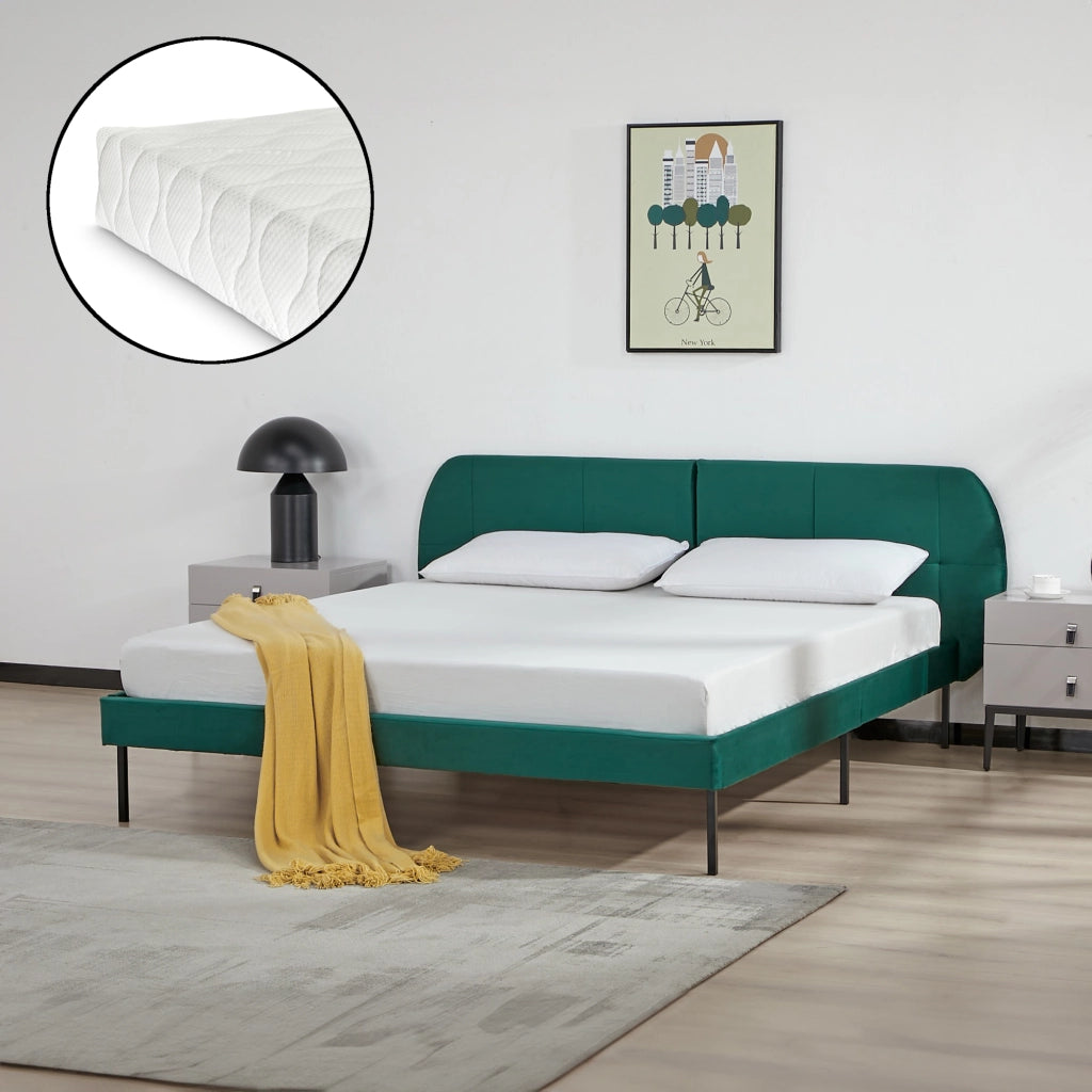 Letto Matrimoniale Porvoo con Testiera e Materasso 160x200 cm Rivestimento in Velluto - Verde Scuro [en.casa]
