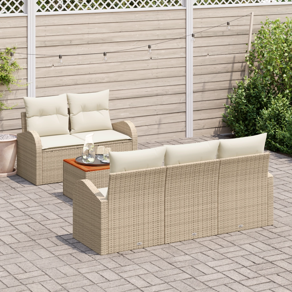 Set Divano da Giardino 6 Pezzi con Cuscini Beige Polirattan Acacia