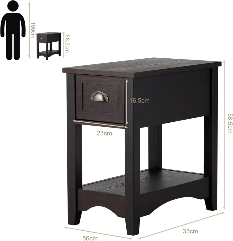 Comodino in legno, comodino con ripiano aperto e cassetto, mobile camera da letto con gambe in legno di gomma, tavolino laterale salotto vintage, 33 x 56 x 58,5 cm (2, Nogar)