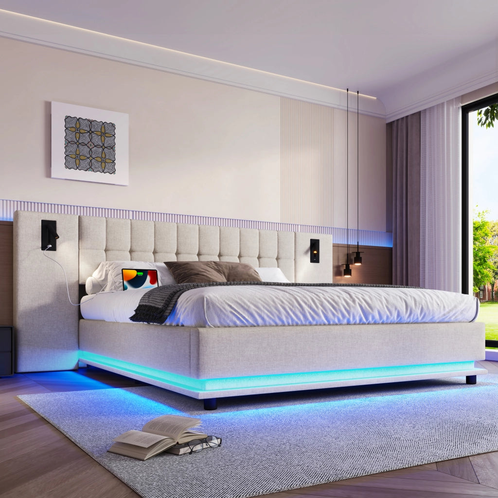OKWISH Letto Imbottito 180×200 cm, Letto Matrimoniale con LED Regolabile, USB e Lampada da Lettura, senza Materasso, Lino, Beige