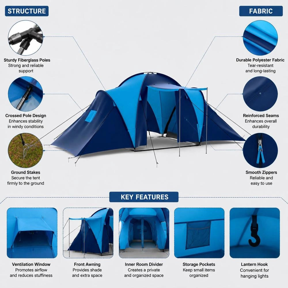Camping Tent, Fabric, 9 Persons, Dark Blue And Blue