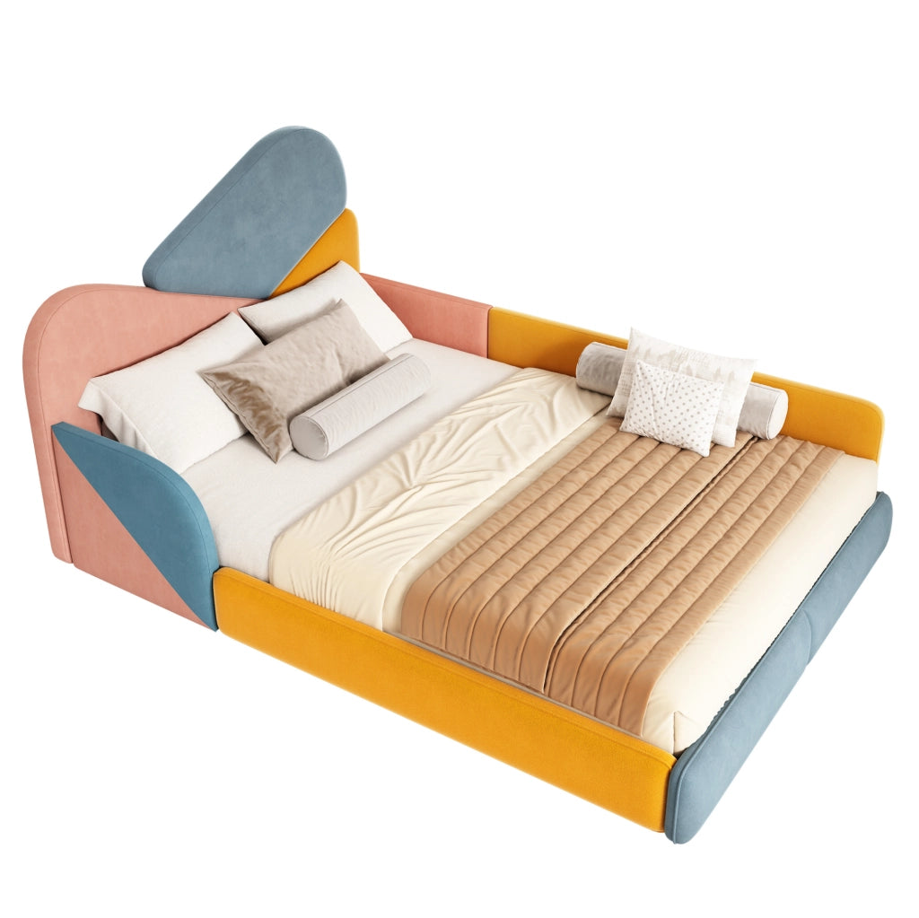 Letto imbottito 140x200 cm con protezione laterale; patchwork in velluto blu multicolore
