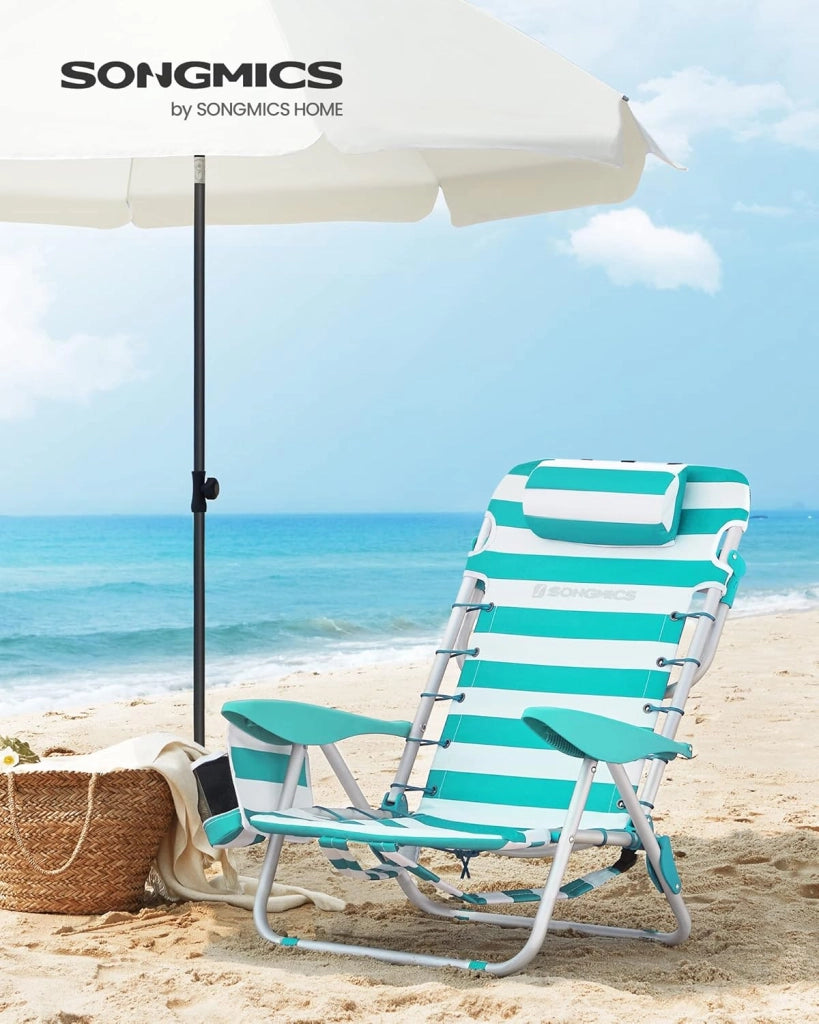 SONGMICS Sedia da spiaggia, sedia da campeggio pieghevole, con tracolla, schienale regolabile, poggiatesta, bracciolo, 2 tasche laterali, verde e bianco GCB62JW