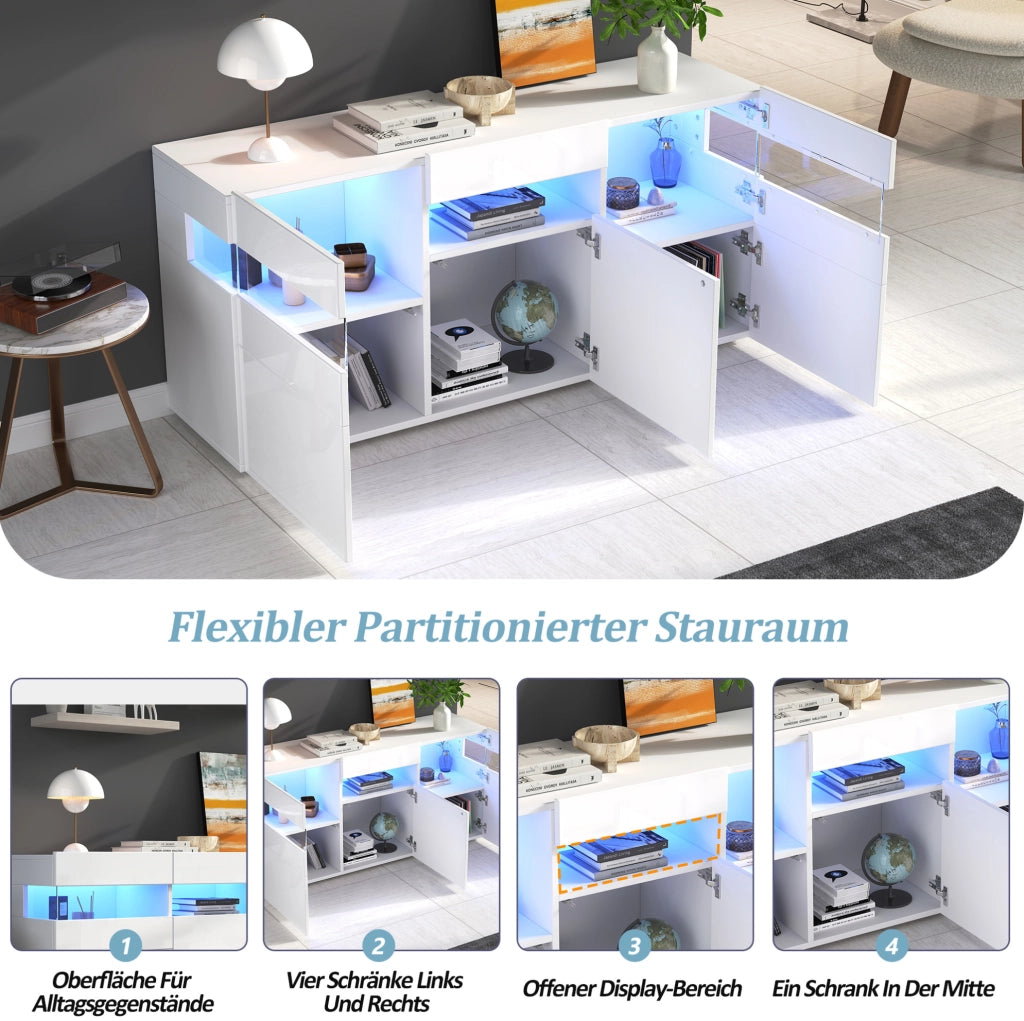 Credenza bianca lucida con LED e 3 ante, 140 cm