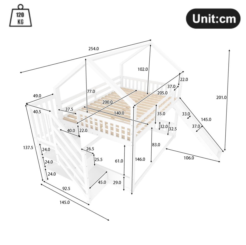 Letto a castello 140x200 cm con scala contenitore e scivolo; in legno di pino; bianco (Senza materasso)