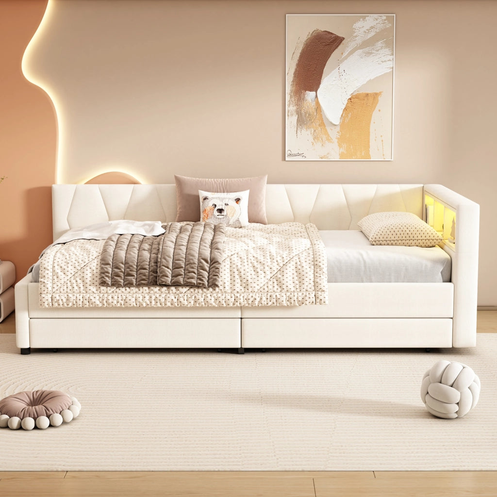 OKWISH Letto a Divanetto 90×200 cm, Letto Singolo con 2 Cassetti, USB, Tipo C e LED Regolabile, senza Materasso, in Lino, Beige