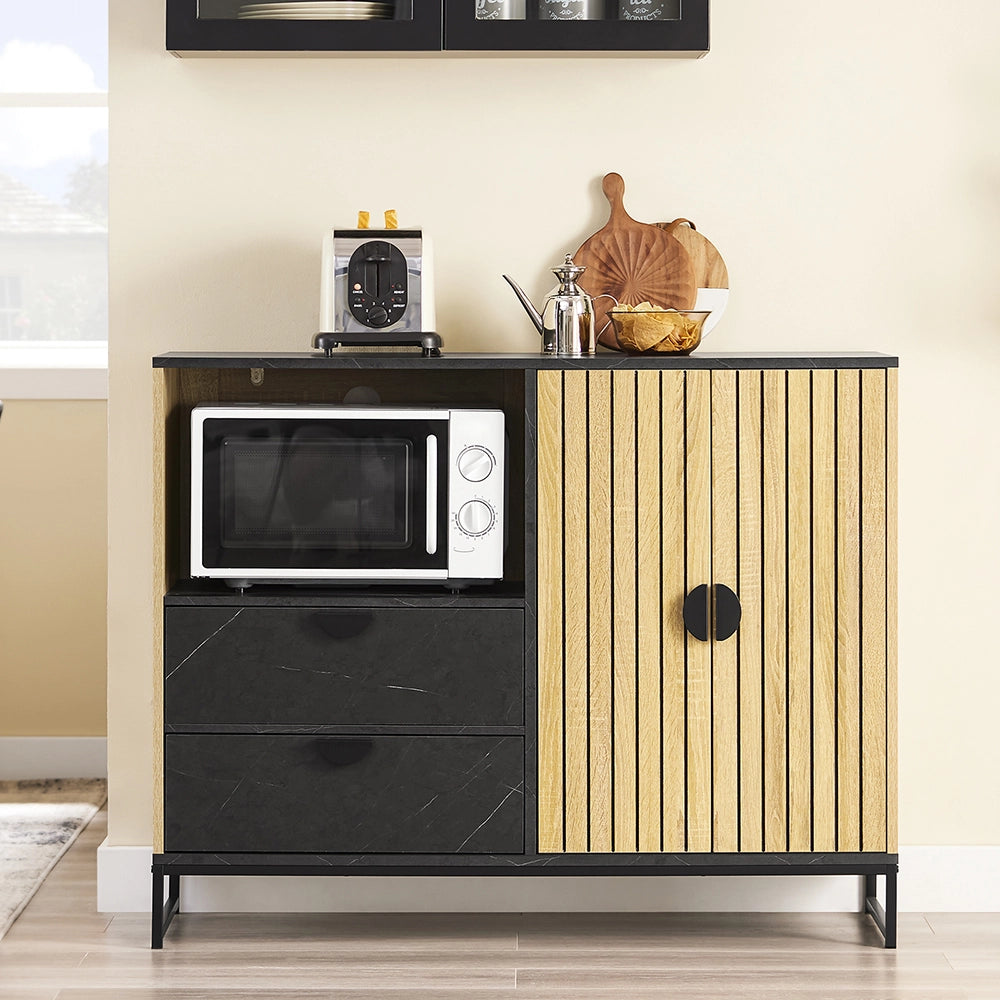 SoBuy mobile cucina salvaspazio, mobiletto cucina – credenza cucina e madia soggiorno con vano microonde Ø6cm, 2 cassetti, anta a lamelle, ripiano regolabile, gambe in metallo, 107×40×85 cm FSB103-N