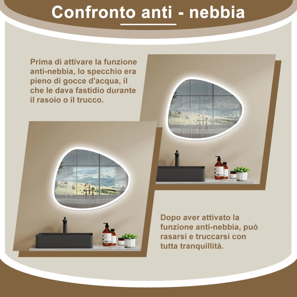 80 x 65 cm Specchio con illuminazione integrata bagno ciottolo. Touch. 3 Temperature Colore. Pellicola Antideflagrante