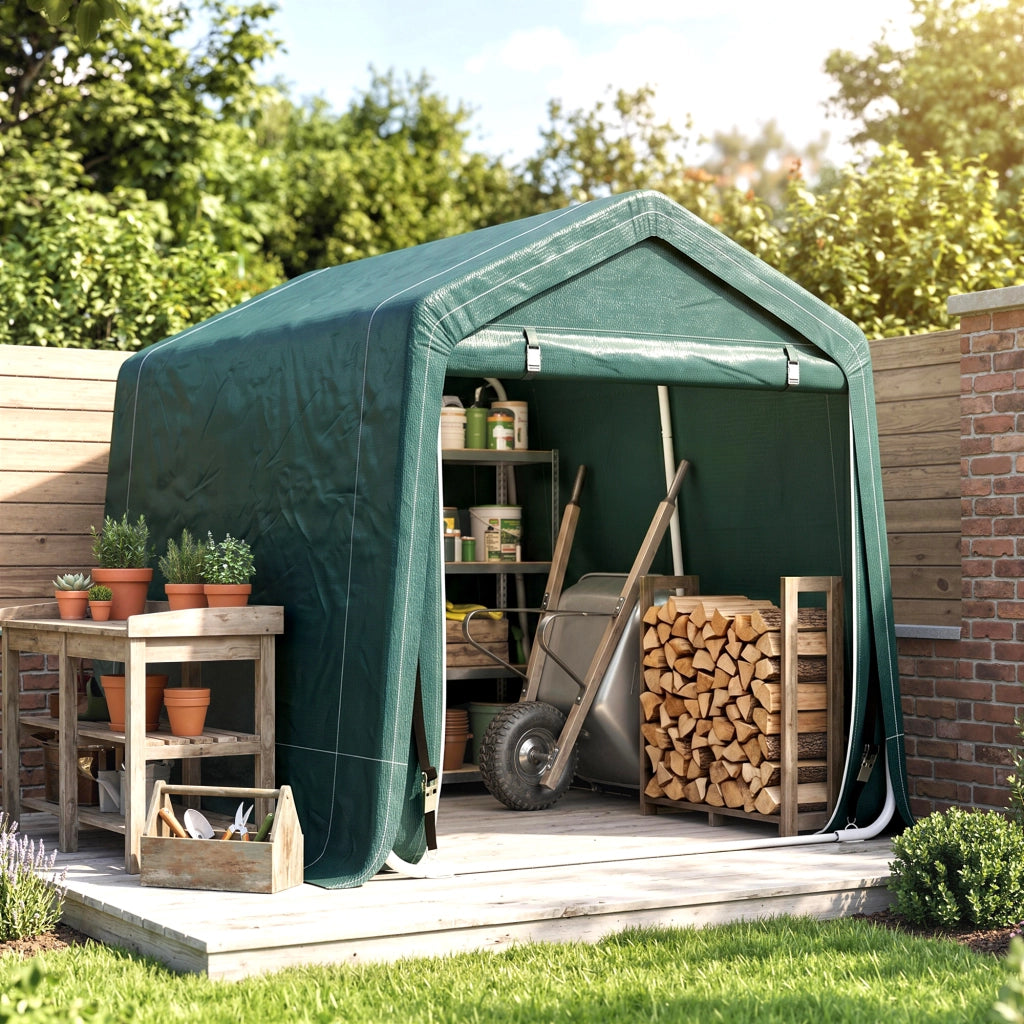 Garage Moto per Esterno 2.4x2 m, Tenda Garage per Attrezzi in Metallo e Tessuto PE, per Moto e Biciclette, Verde