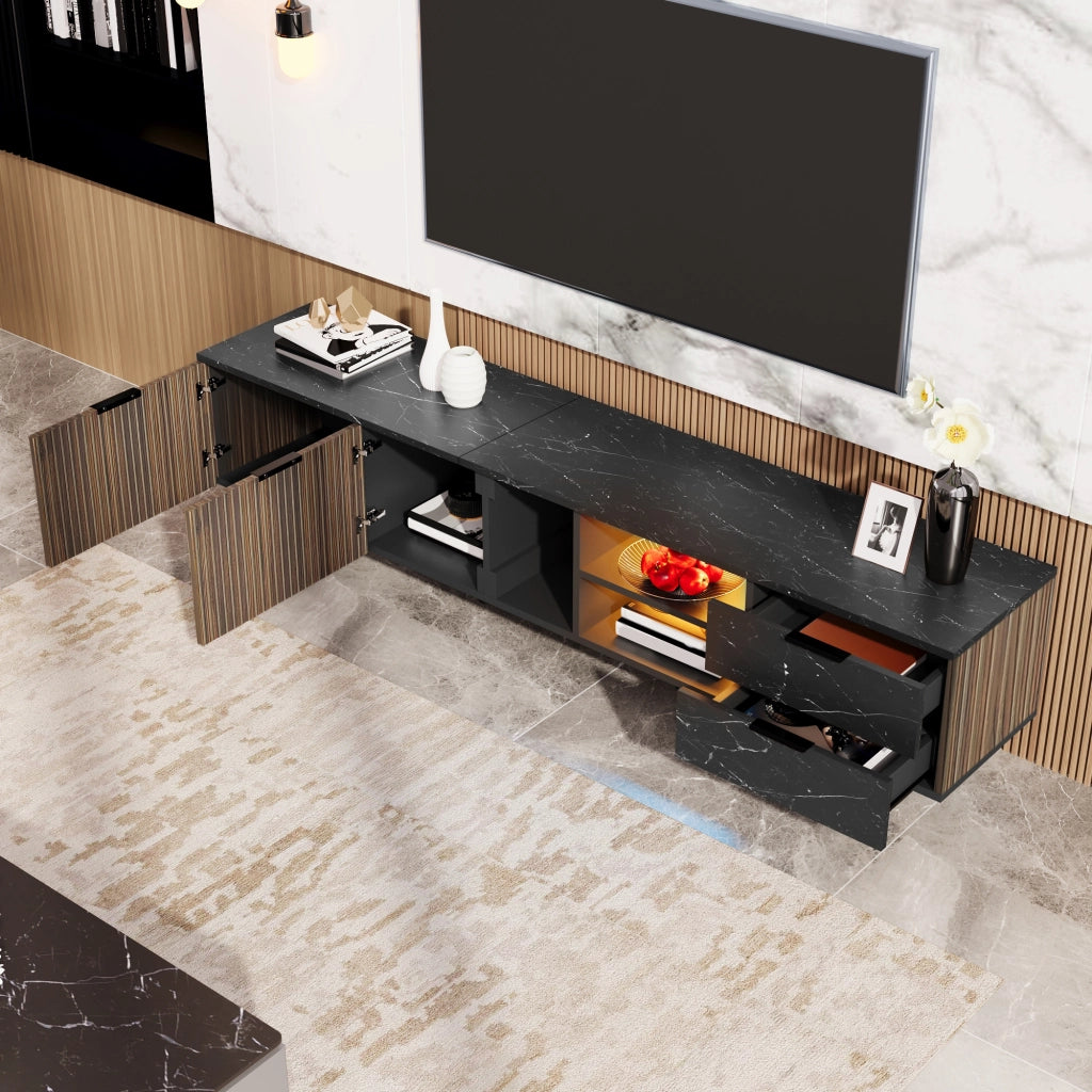 Mobile TV 200x38x50 cm; 2 ante e 2 cassetti con LED multicolore; MDF nero e legno