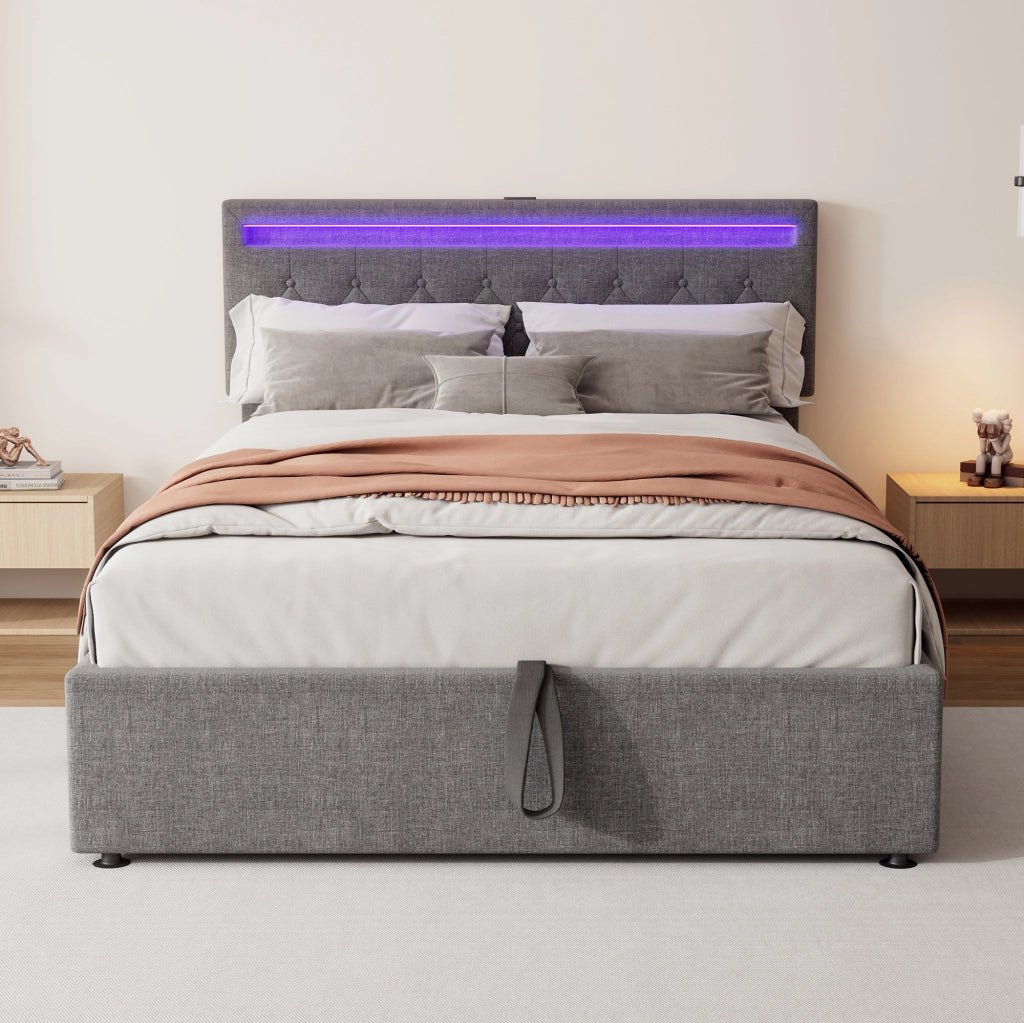 OKWISH Letto Contenitore 140×200 cm, Letto Matrimoniale con LED Regolabile, USB, Tipo C e Testiera Imbottita, senza Materasso, Grigio