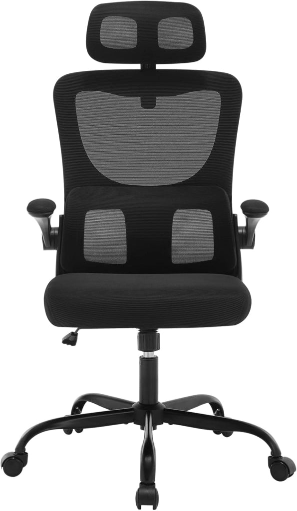 Sedia Ufficio Ergonomica, Sedie Ufficio a Rete Traspirante, Con Supporto Lombare Adattativo a Forma Di C, Poggiatesta Regolabile, Braccioli Ribaltabili, per Scrivania, Casa, Nero