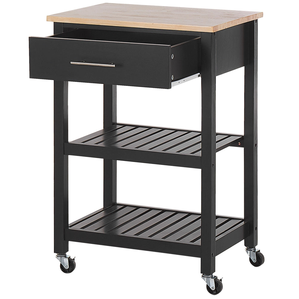 Carrello da cucina in legno di gomma Nero MDF 58 x 40 x 85 cm 2 ripiani portaposate cassetto portabottiglie ruote