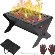 Fuoco esterno da campeggio - Portatile e pieghevole stufa da esterno con griglia per carbone per camping, terrazza e giardino (46 x 32 cm) - Incluso zaino da trasporto e guanti