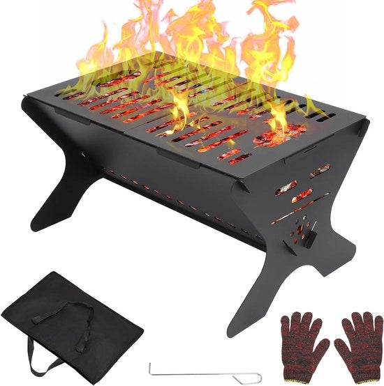 Fuoco esterno da campeggio - Portatile e pieghevole stufa da esterno con griglia per carbone per camping, terrazza e giardino (46 x 32 cm) - Incluso zaino da trasporto e guanti