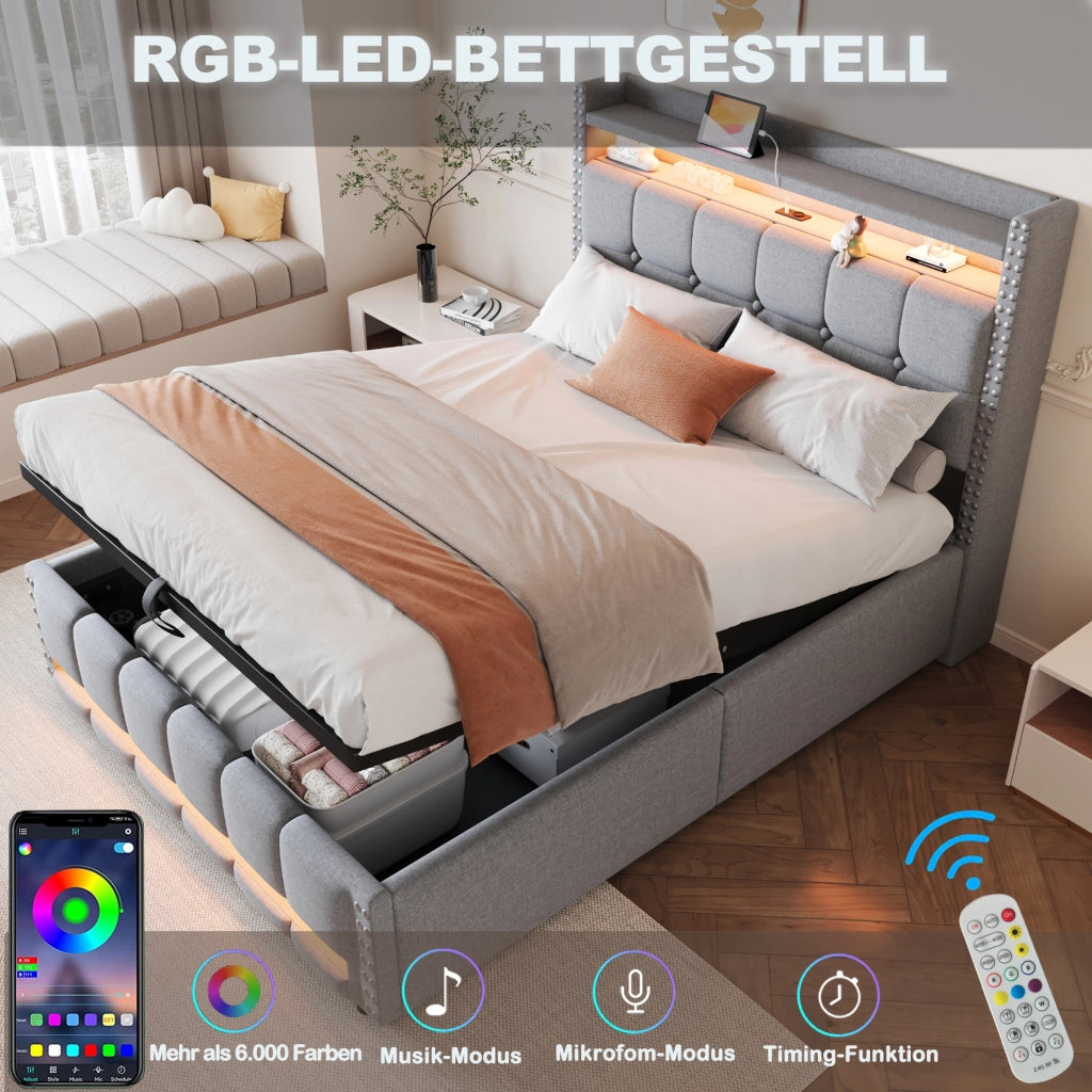 Letto imbottito 140x200 cm con contenitore idraulico; LED; USB e ripiani; lino grigio chiaro