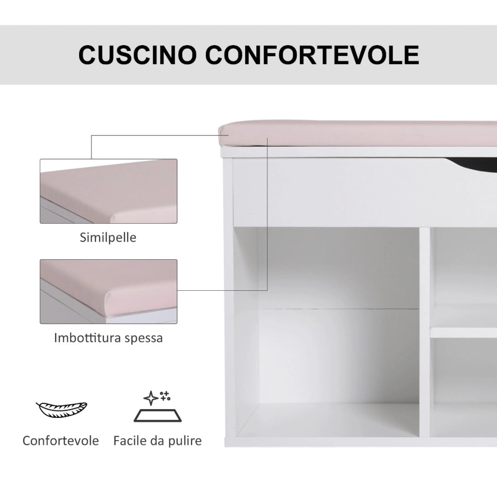 EasyComfort Panca Scarpiera, Mobile Portascarpe Salvaspazio con Sedile Imbottito Ribaltabile da Ingresso Legno, 80x30x47cm, Bianco