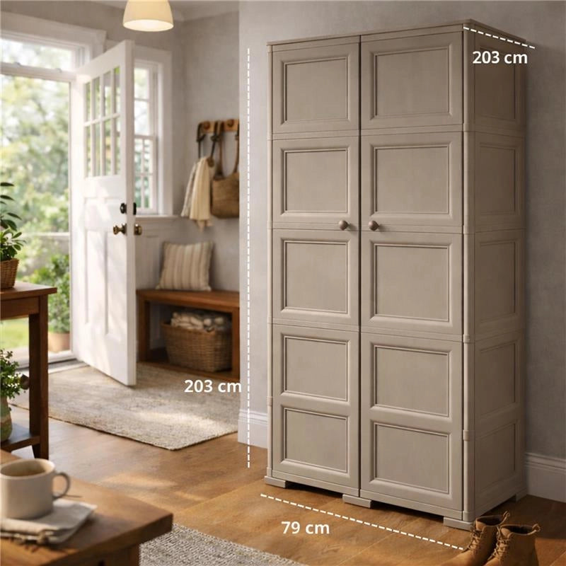 ARMADIO 2 ANTE TAUPE 79X43X164 CM CON 4 SCOMPARTI E VANO PORTASCOPA – MOBILE ALTO ORGANIZZAZIONE CASA PER INGRESSO E LAVANDERIA