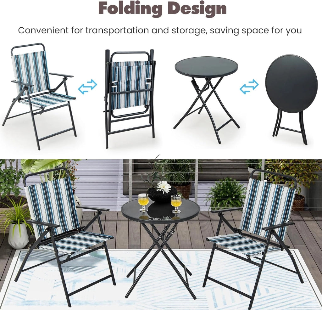 Set da balcone pieghevole da 3 pezzi, tavolo da bistrot con 2 sedie, set di mobili da giardino Teslin con tavolo rotondo e sedie pieghevoli, set di mobili da giardino per balcone cortile