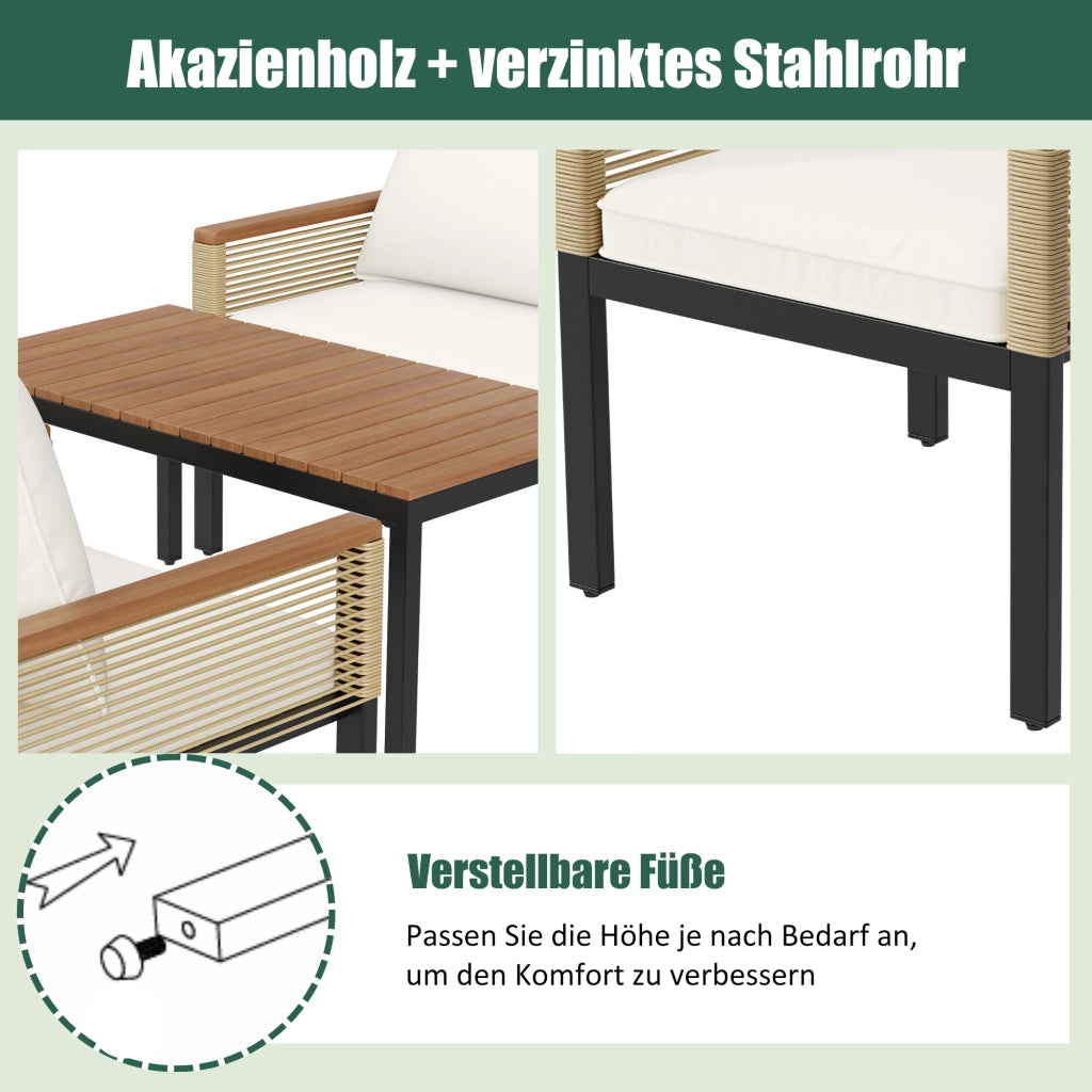 Set Divano da Giardino Polyrattan con Cuscini, 2 Poltrone e Tavolino ¨C MINIMAL ¨C Beige