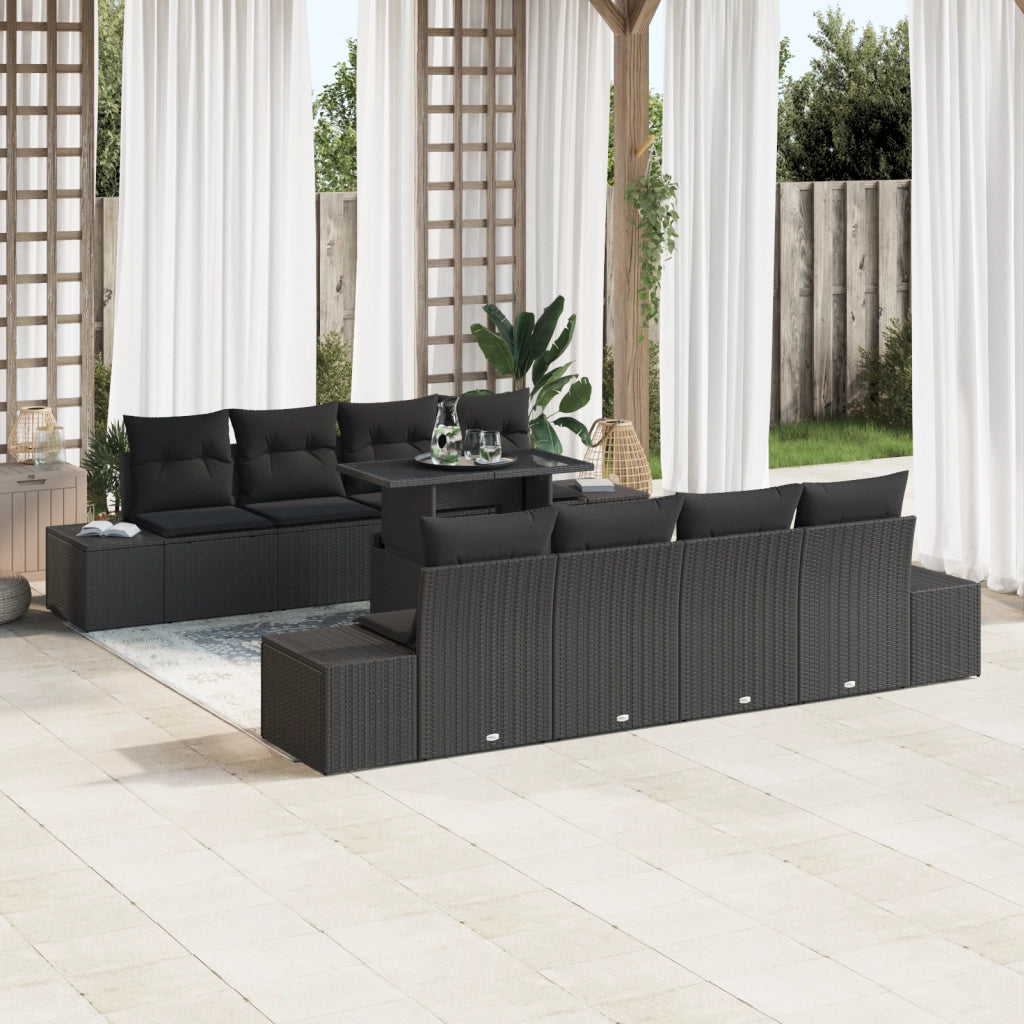 Set di Divano da Giardino 9 Pezzi con Cuscini Neri in Polyrattan