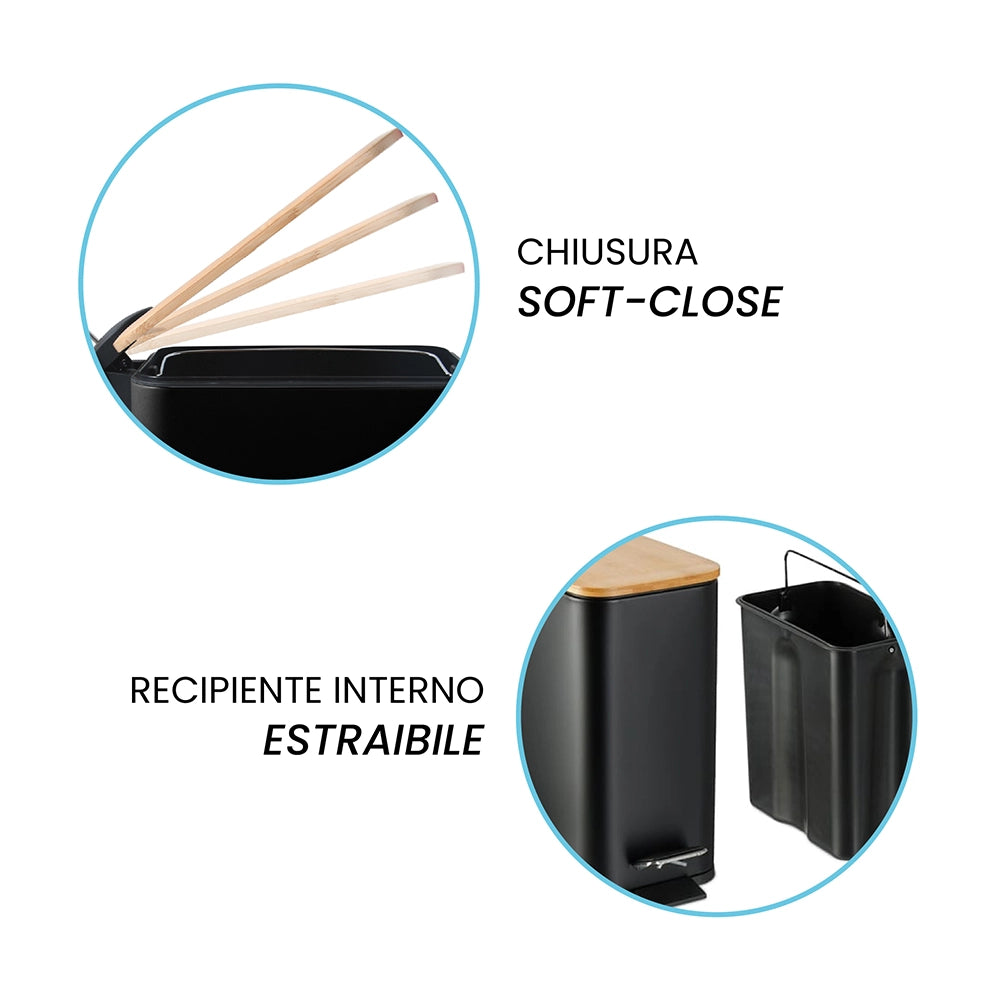 Pattumiera bagno 5 Lt in acciaio con coperchio in bambù nera con apertura a pedale Rexa