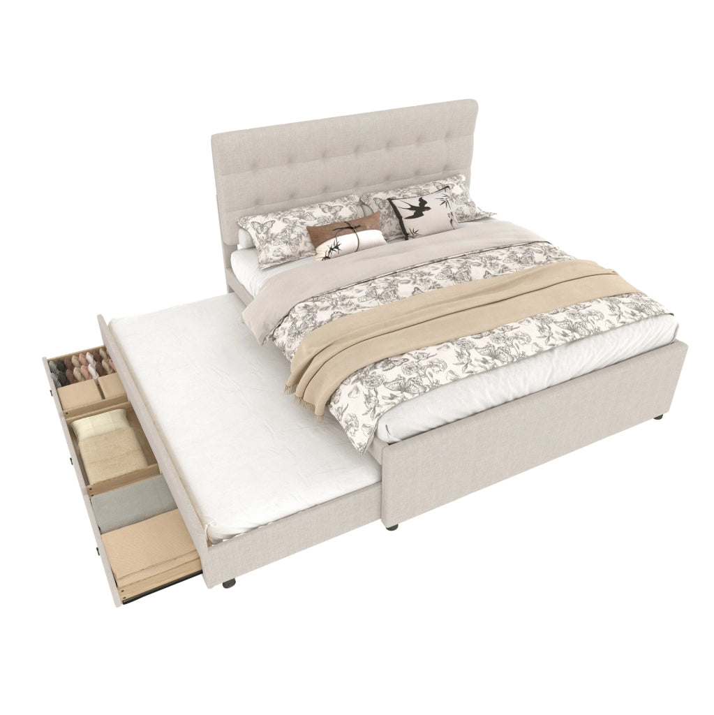 Letto imbottito beige 140x200 cm con letto estraibile e 3 cassetti