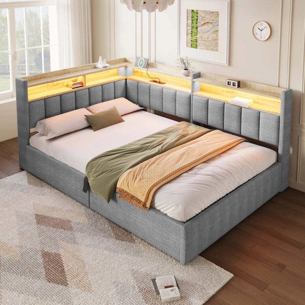 Letto imbottito 140x200 in velluto grigio con contenitore; LED RGB e porte USB