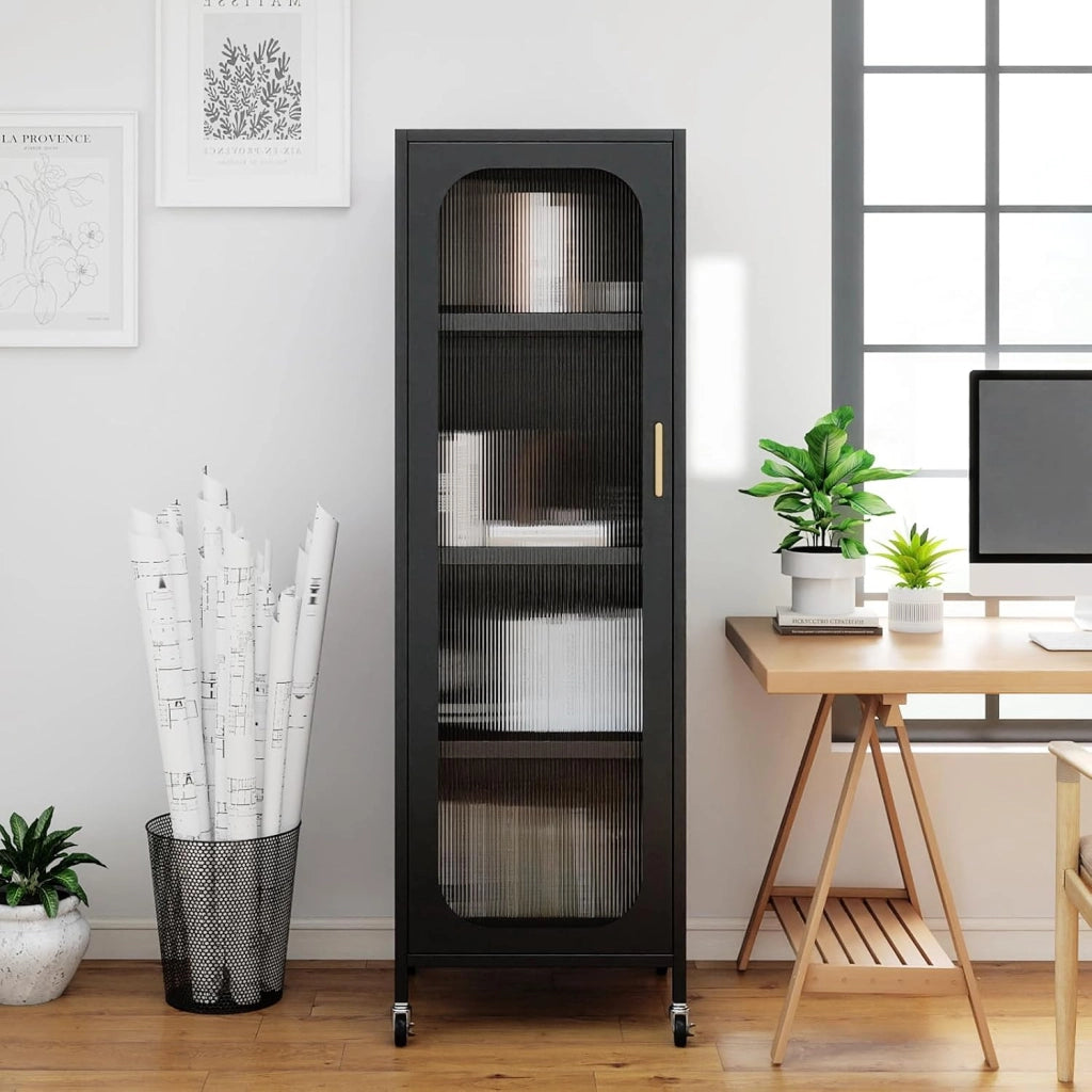 Mobile da Cucina in Metallo a 5 Ripiani, Credenza Salvaspazio con Mensole Regolabili 4 Ruote, Base Intercambiabile e Porta Semitrasparente, Organizzatore per Sala da Pranzo, Soggiorno (Nero)
