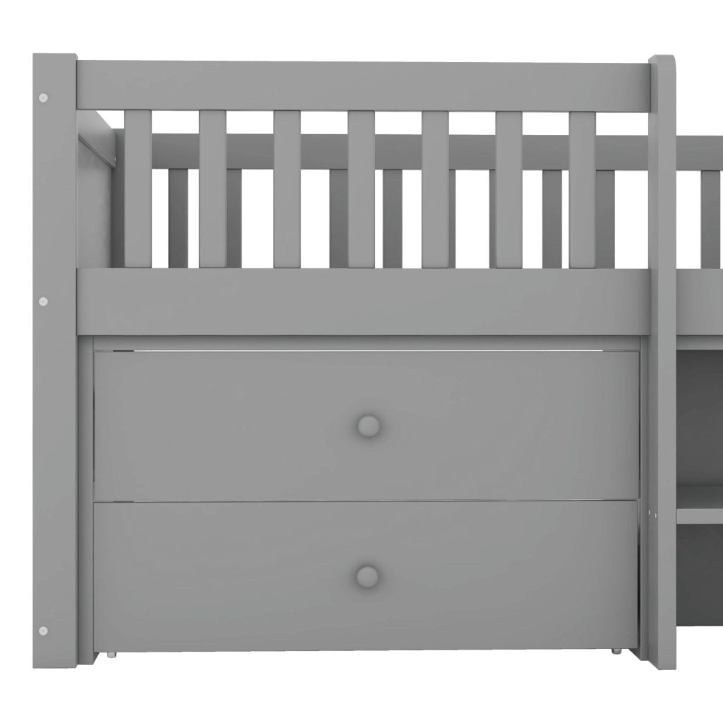 LETTO Semialto 90x200 cm Grigio con 4 Cassetti, Scala e Grembiule di Sicurezza