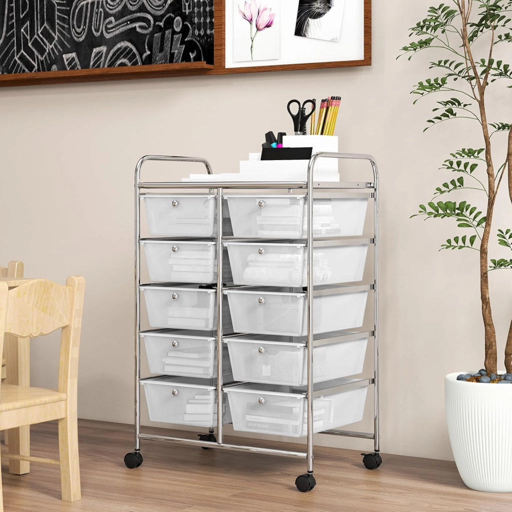 Carrello a 10 Cassetti con Ruote, Carrello di Stoccaggio con Stabilità Elevata, Carrello Multiuso per Casa Ufficio e Scuola, 65,5 x 37 x 87 cm (Trasparente)
