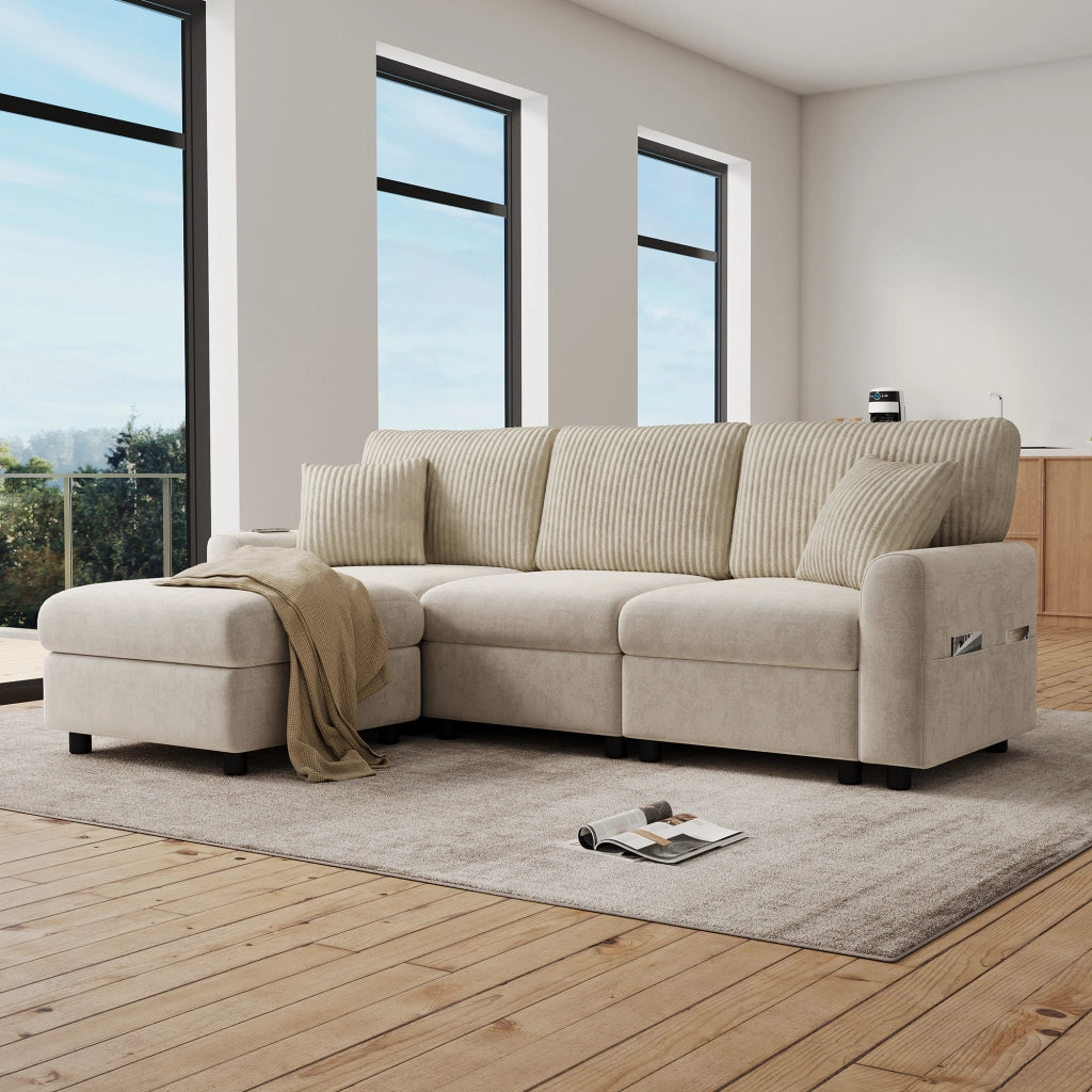 Divano moderno beige 223x146x84 cm in ciniglia e velluto a coste con pouf e porte USB