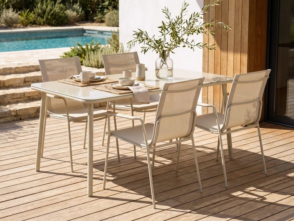 Tavolo da esterno con struttura in acciaio beige chiaro e piano in vetro temperato, 160 x 90 cm, verniciato a polvere, per 6 persone, resistente ai raggi UV e all'acqua