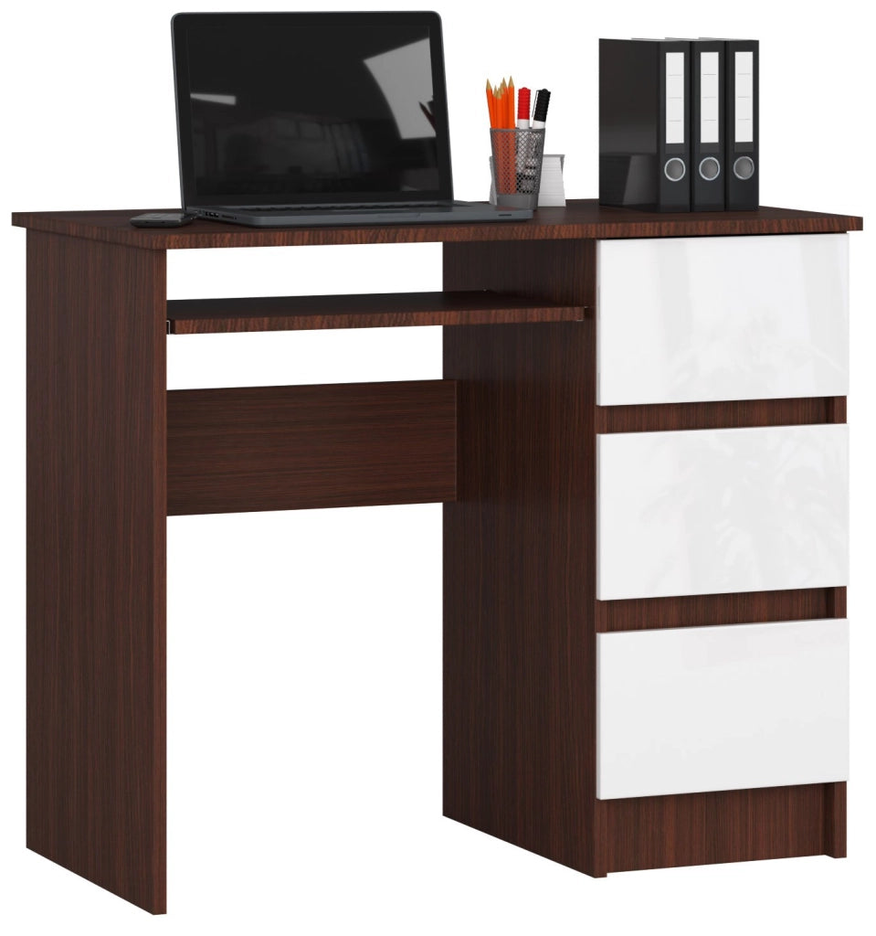 Scrivania per computer AKORD A6 Wengé 90 cm 3 cassetti inserto frontale Bianco 90x50x77 cm Modello a destra