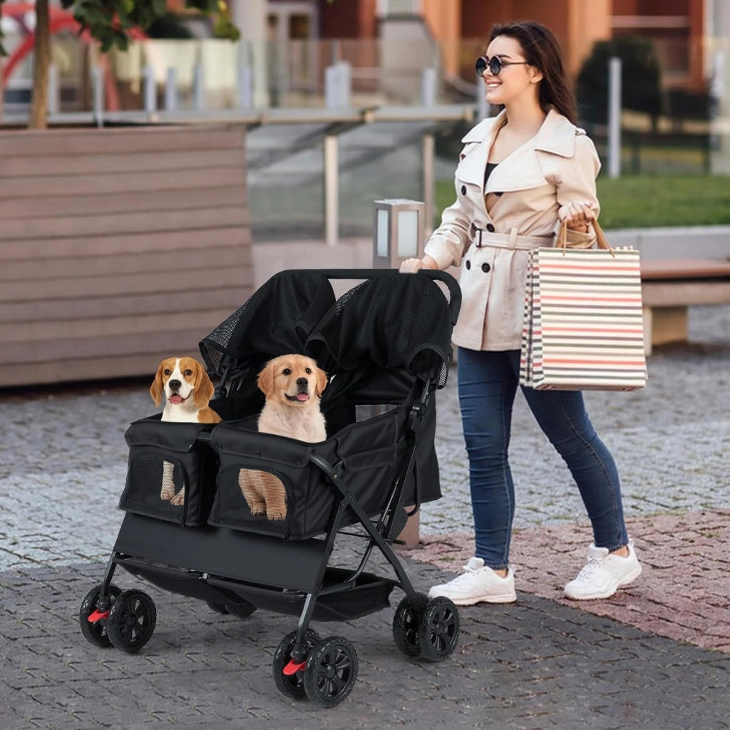 Passeggino Doppio per Cani, Carrozzina Pieghevole a 2 Posti con Tettuccio Regolabile, Cuscino Rimovibile, Cintura di Sicurezza, Cestino e 4 Ruote, Passeggino per 2 Cuccioli e Gatti (Nero)