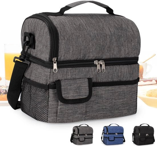 Borsa da Picnic 10L con Isolamento Termico Borsa da Pranzo Portatile con Doppio Compartimento e Cinturino Regolabile per Donna, Uomo, Scuola, Ufficio (Grigio)