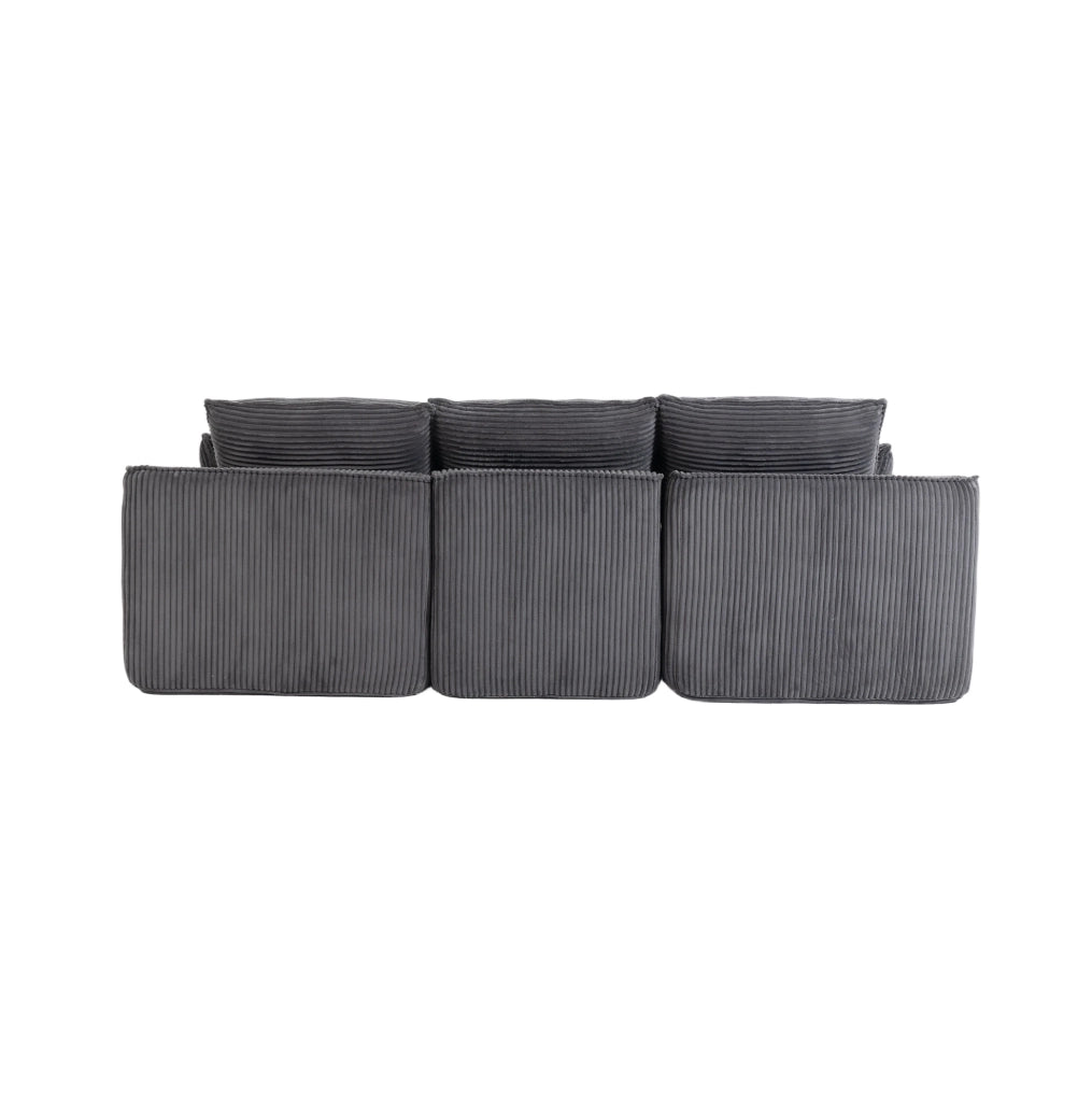 Divano modulare ULEVR 263x167x85 cm con pouf, tasche laterali e cuscini, velluto a coste grigio scuro