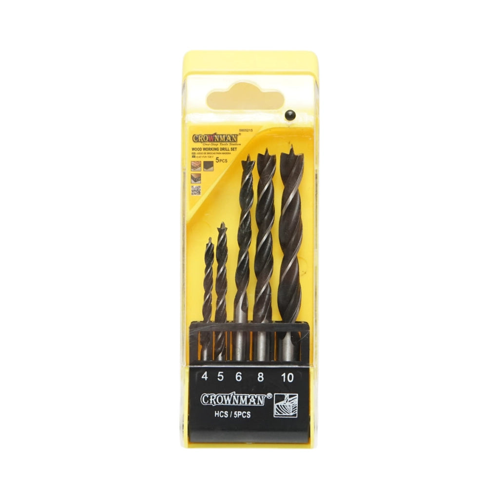 Set di punte elicoidali HCS Crownman da 5 pezzi da 4-10 mm con gambo cilindrico per legno