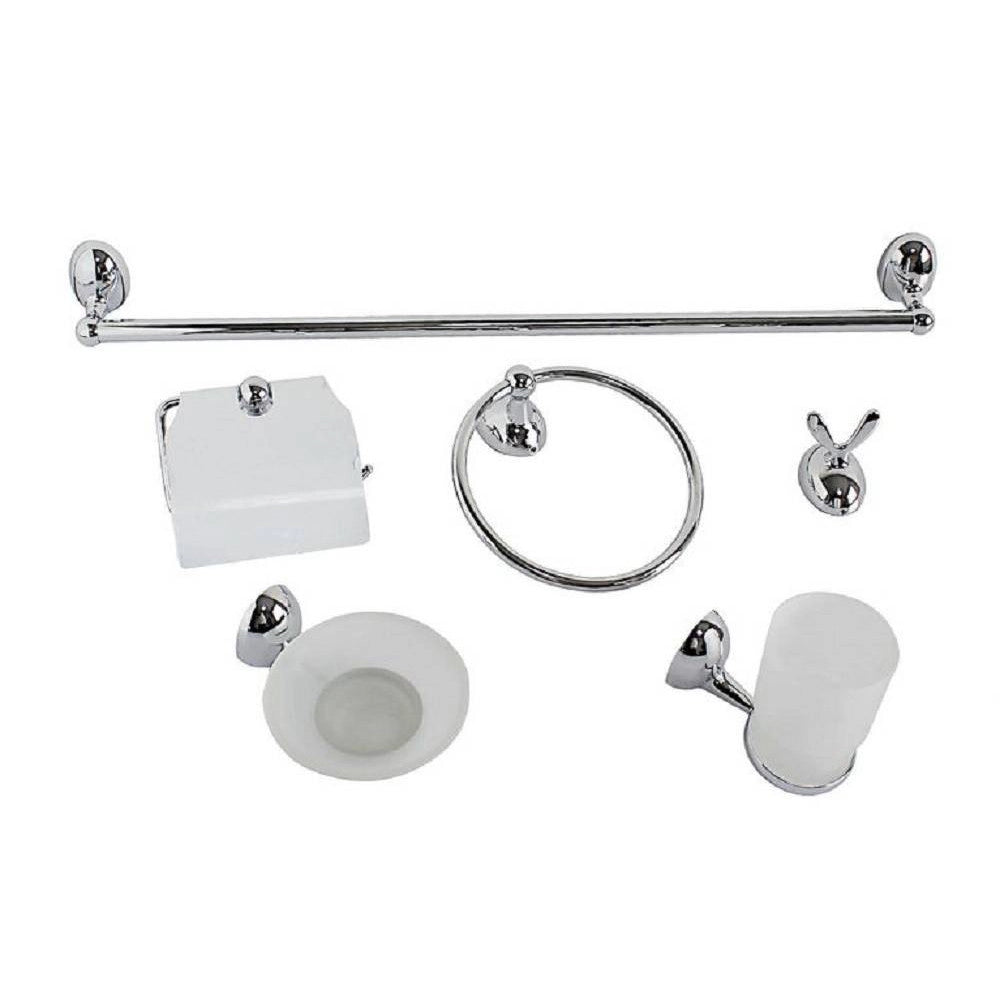 Trade Shop - Set Bagno Moderno Acciaio Cromato Vetro Satinato 6pz Porta Rotolo Sapone 52918 -
