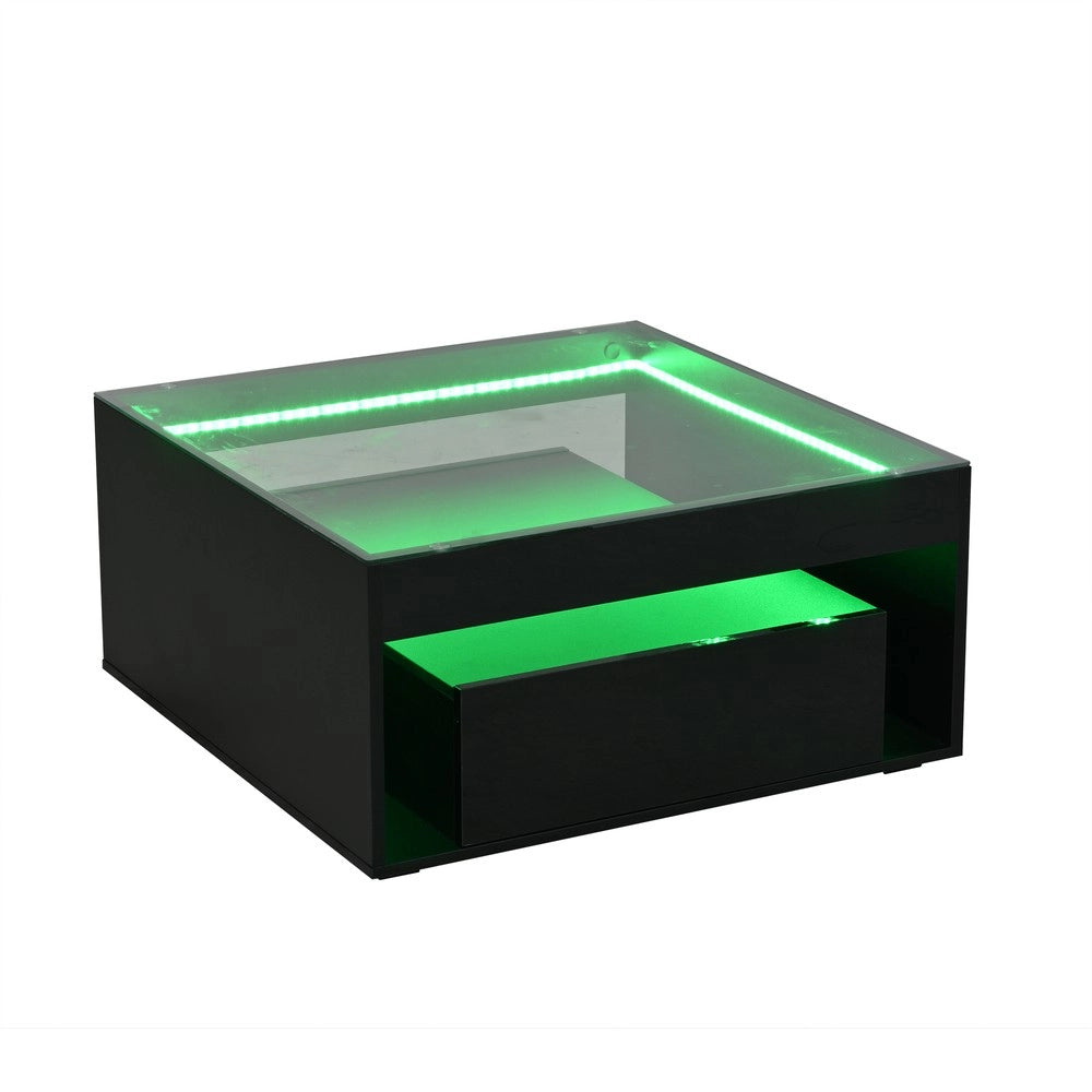 Tavolino da Caff¨¨ con LED e Cassetti ¨C MINIMAL ¨C Vetro Temperato, Nero, 70x70x35