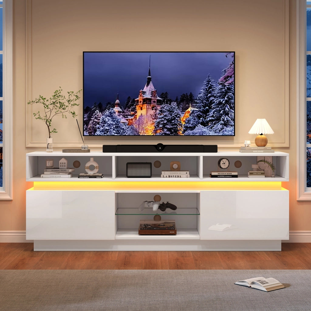 Mobile porta TV con LED e 10 vani contenitore ante lucide per soggiorno in MDF e vetro bianco 160 × 35 × 60 cm