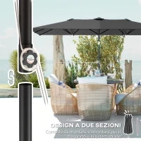 Ombrellone Doppio Inclinabile e Regolabile con Cordicella, in Poliestere e Metallo, 150x295x170-214 cm, Grigio