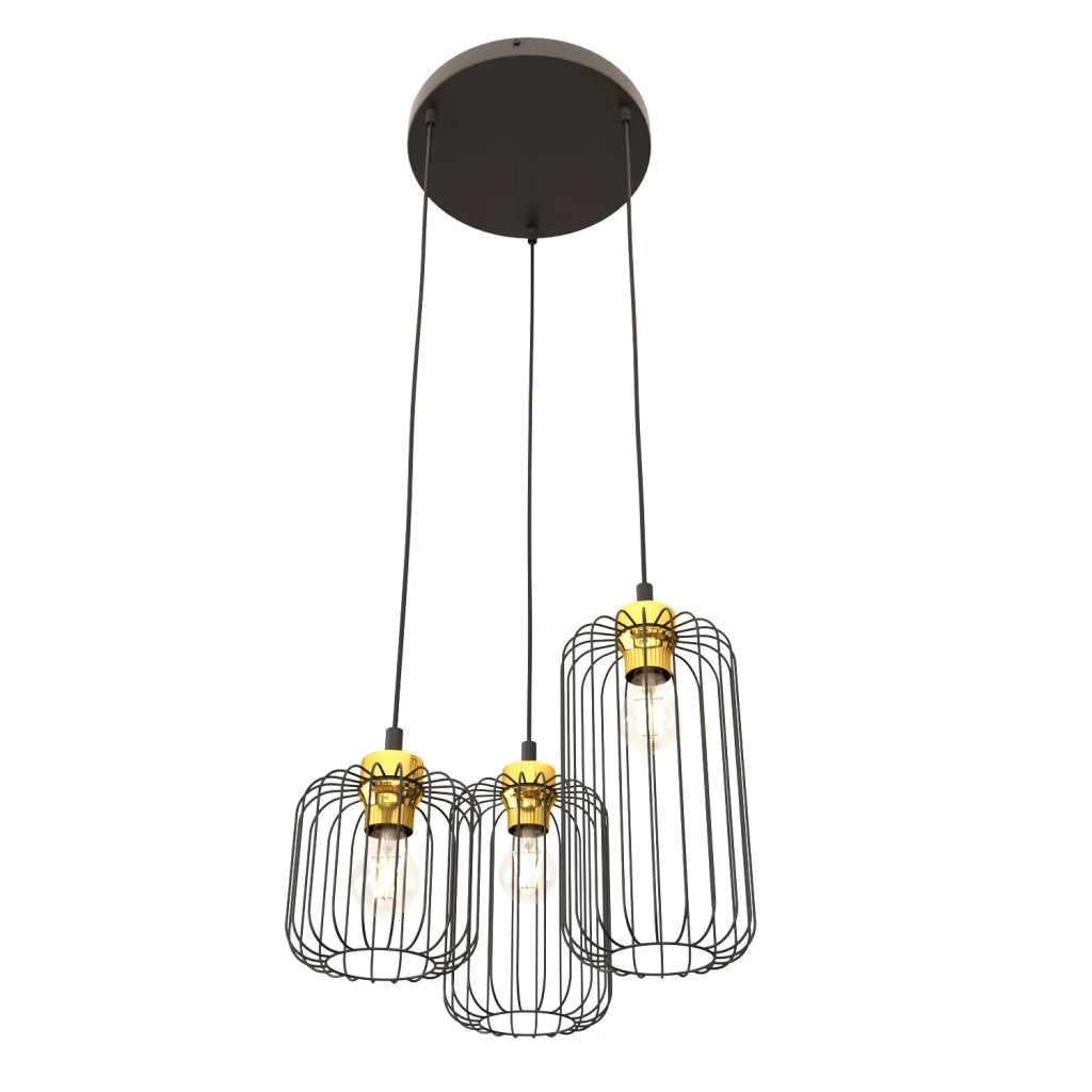Sospensione Minimal Industrial Minerva 3 Luci Tonda Nera E Oro