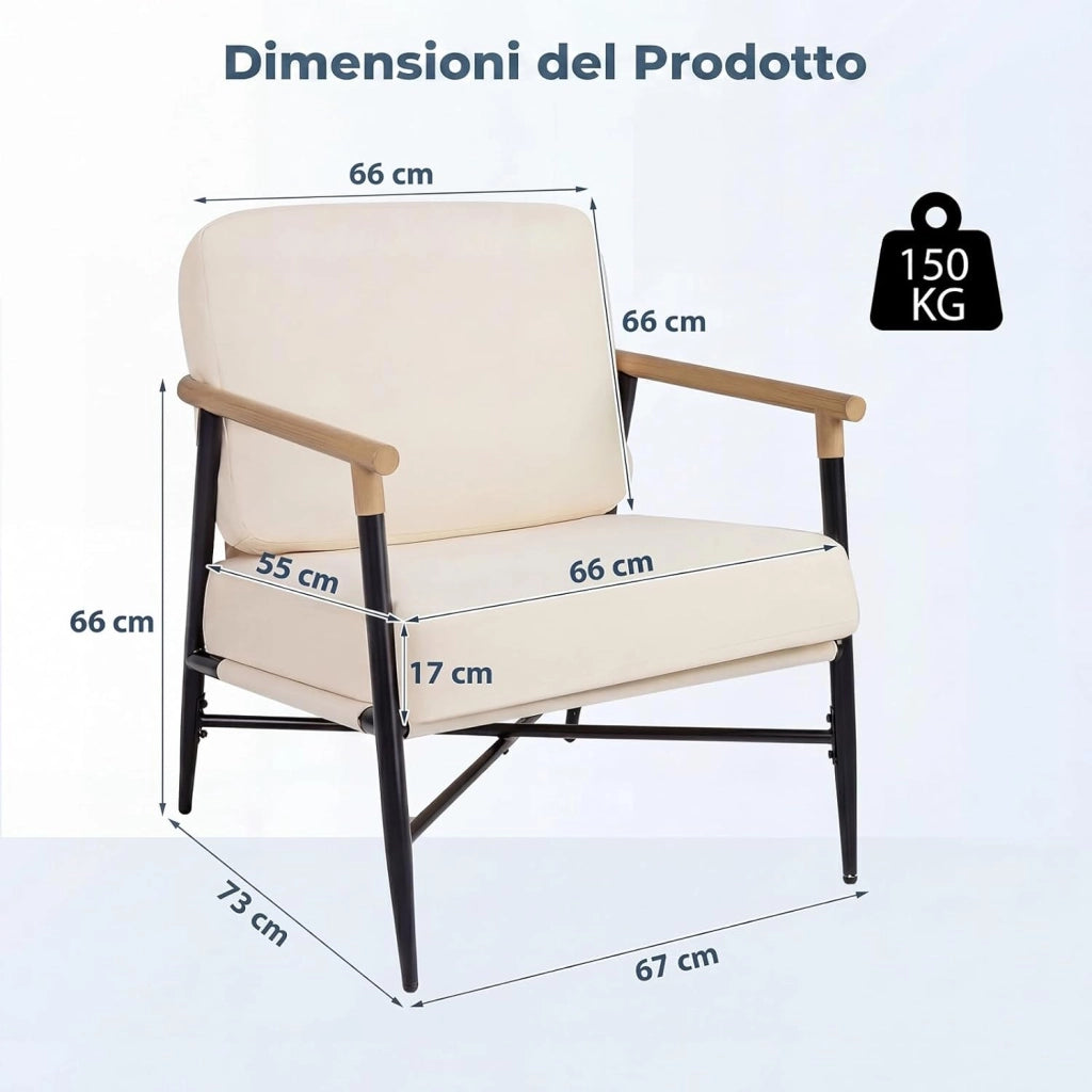Poltrona Salotto Imbottita, Sedia da Lettura, Relax, Poltroncina con Braccioli, Schienale e Cuscini, per Soggiorno, Camera da Letto, Sala Attesa, Moderno e Comodo, 67 X 73 X 88 CM (Beige)