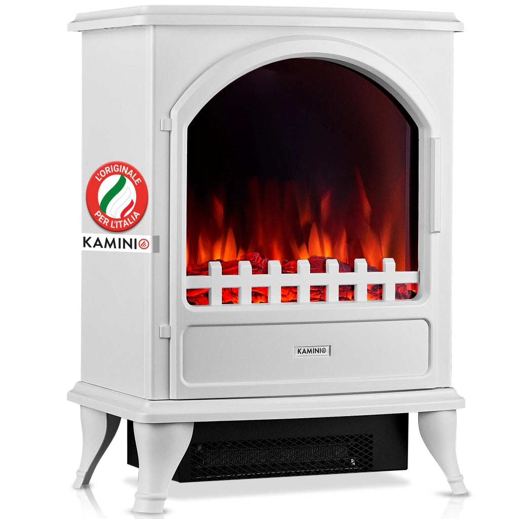 KAMINIO Camino elettrico LENI - Stufa elettrica con riscaldamento, effetto fiamma 3D - Bianco