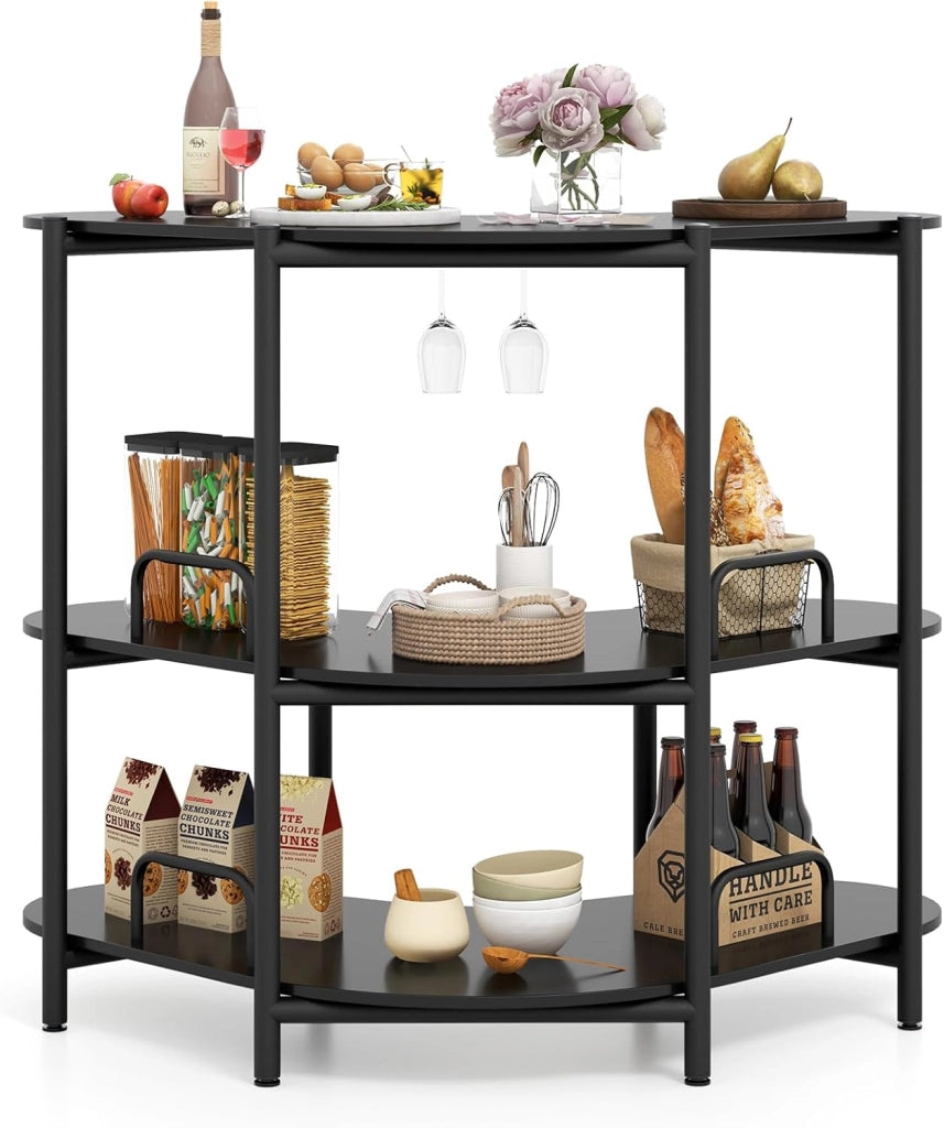 Unità Bar per Liquori, Tavolo Bar Angolare a 3 Ripiani con Portabicchieri da Vino, Altezza Corretta, Paracolpi Metallico Elevato, Scaffale per Vino per Cucina, Sala da Pranzo, Pub (nero)