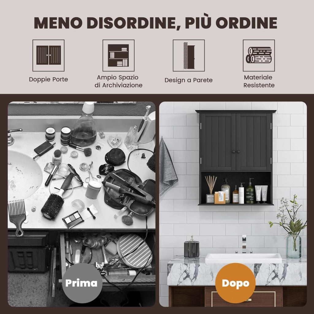 Mobiletto Pensile da Bagno, Mobile Armadietto Bagno sospeso con 2 Porte, Armadietto a Muro delle Medicine, Mensola Regolabile, Capacità di 30 kg (Nero)
