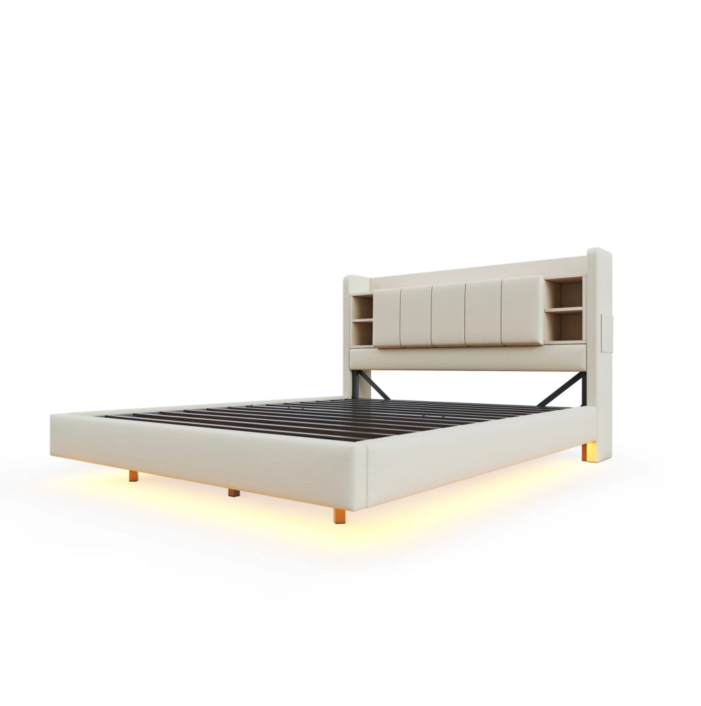 Letto imbottito 140x200 cm con LED; porta USB e ripiani in lino beige