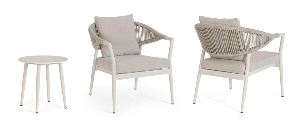 Set 3 Pezzi Salotto da Giardino con 2 Poltrone e Tavolino in Alluminio Corda Poliestere e Pietra Sinterizzata Millor